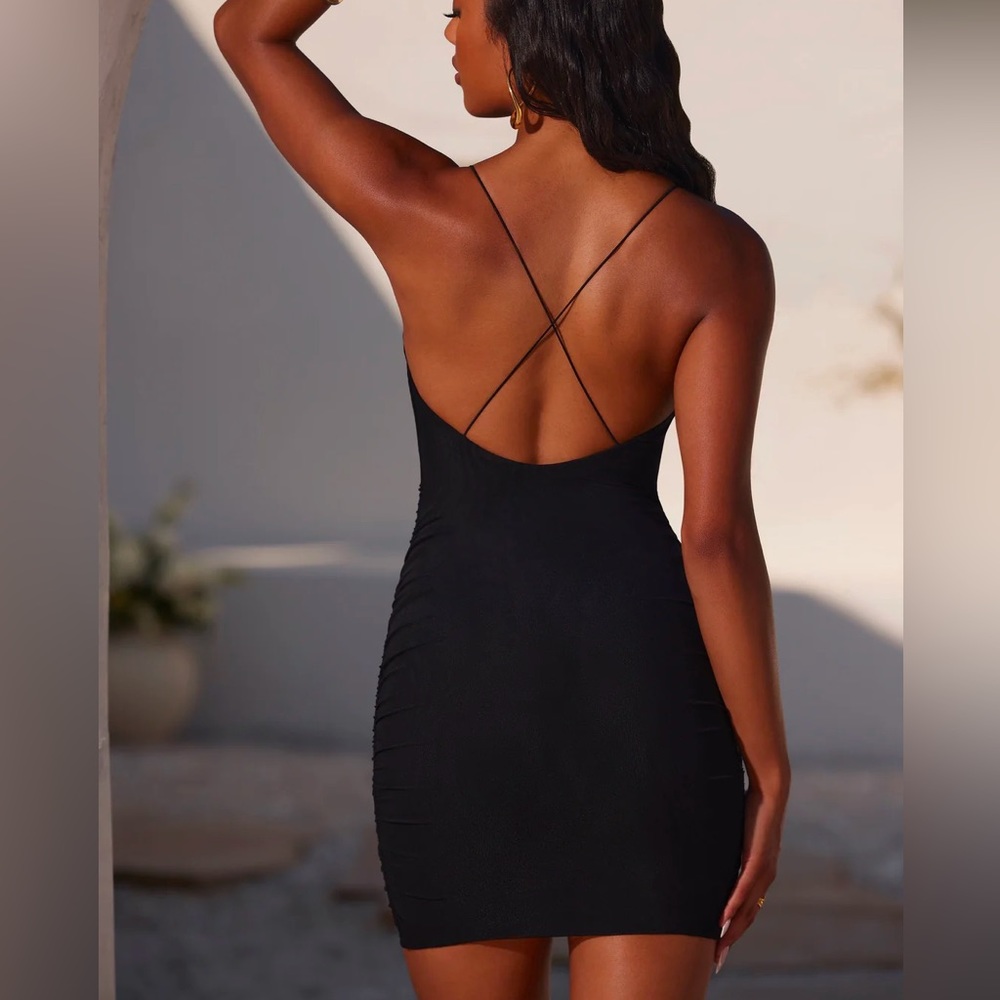 Oh Polly Ruched Cowl Neck Bodycon Mini Dress in Black